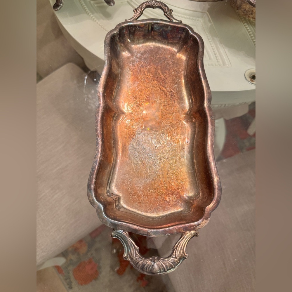 Antique Leonard 11" Serving Tray Footed Handles Silverplate Patina Aged Vintage